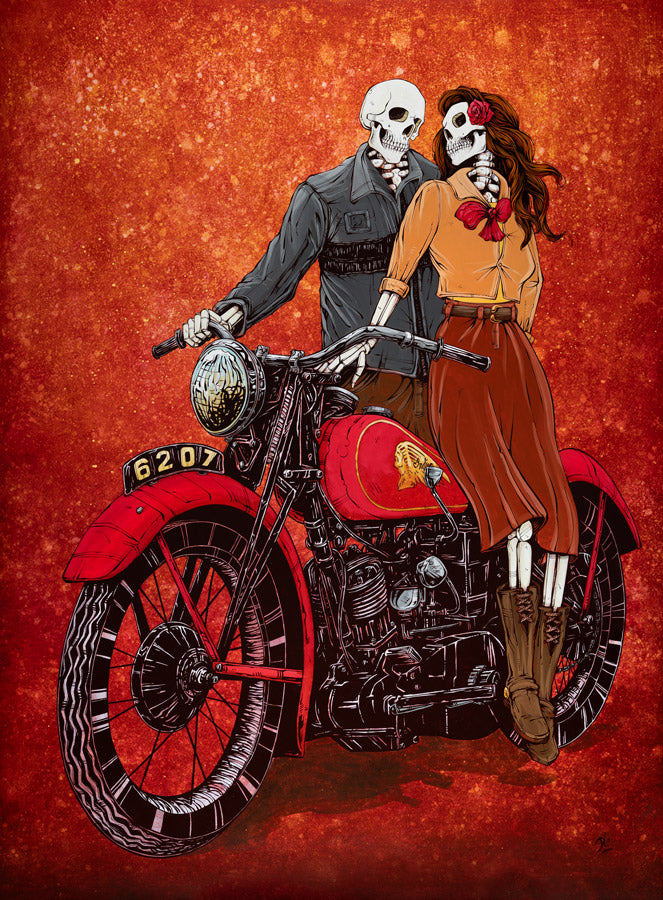 Skeleton Couple on a Motorcycle
