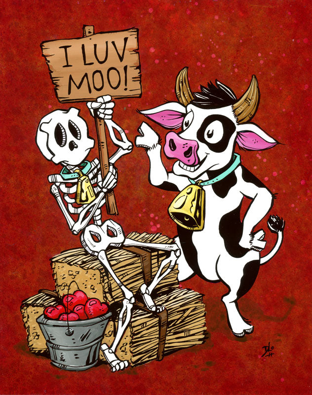 I Love Moo by Day of the Dead Artist David Lozeau, Day of the Dead Art, Dia de los Muertos Art, Dia de los Muertos Artist