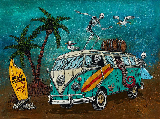 Beach Break by Day of the Dead Artist David Lozeau, Day of the Dead Art, Dia de los Muertos Art, Dia de los Muertos Artist