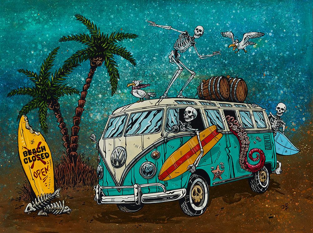 Beach Break by Day of the Dead Artist David Lozeau, Day of the Dead Art, Dia de los Muertos Art, Dia de los Muertos Artist