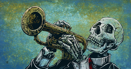 El Trompetista by Day of the Dead Artist David Lozeau, Day of the Dead Art, Dia de los Muertos Art, Dia de los Muertos Artist