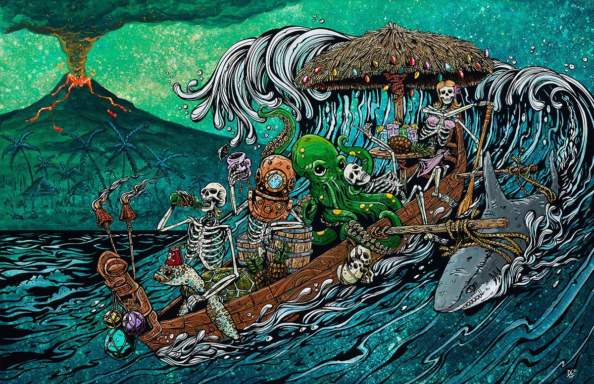 Party Barge by Day of the Dead Artist David Lozeau, Day of the Dead Art, Dia de los Muertos Art, Dia de los Muertos Artist
