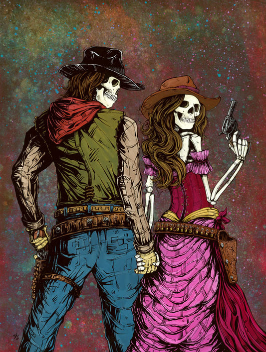 skeleton cowboy and cowgirl holding guns against a colorful background painting by david lozeau