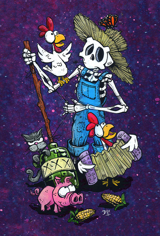 Skeleton Farmer by Day of the Dead Artist David Lozeau, Day of the Dead Art, Dia de los Muertos Art, Dia de los Muertos Artist