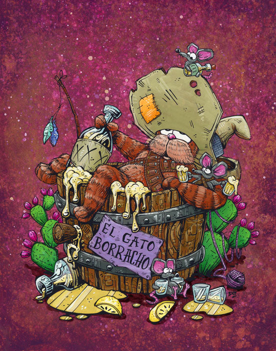 El Gato Borracho XIJ by Day of the Dead Artist David Lozeau, Day of the Dead Art, Dia de los Muertos Art, Dia de los Muertos Artist