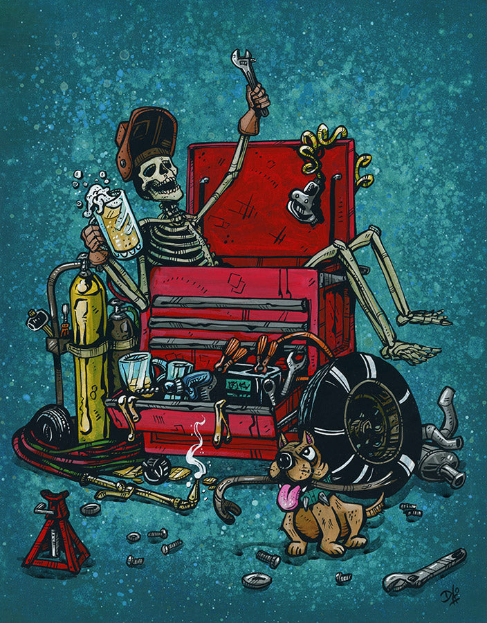 Garage Life by Day of the Dead Artist David Lozeau, Day of the Dead Art, Dia de los Muertos Art, Dia de los Muertos Artist