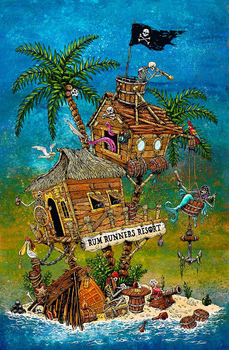 Rum Runners Resort by Day of the Dead Artist David Lozeau, Day of the Dead Art, Dia de los Muertos Art, Dia de los Muertos Artist