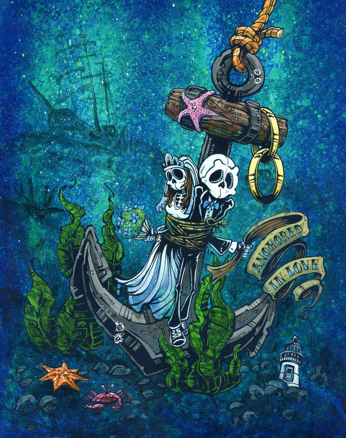 Anchored in Love by Day of the Dead Artist David Lozeau, Day of the Dead Art, Dia de los Muertos Art, Dia de los Muertos Artist