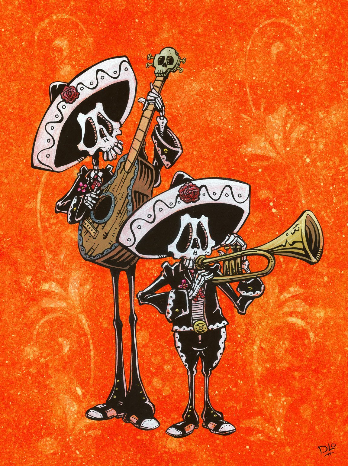 Dos Mariachis by Day of the Dead Artist David Lozeau, Day of the Dead Art, Dia de los Muertos Art, Dia de los Muertos Artist