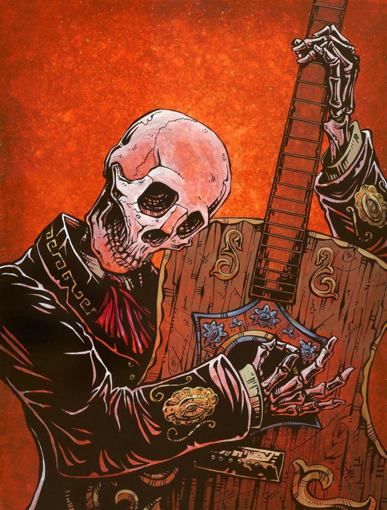 El Guitarrista by Day of the Dead Artist David Lozeau, Day of the Dead Art, Dia de los Muertos Art, Dia de los Muertos Artist