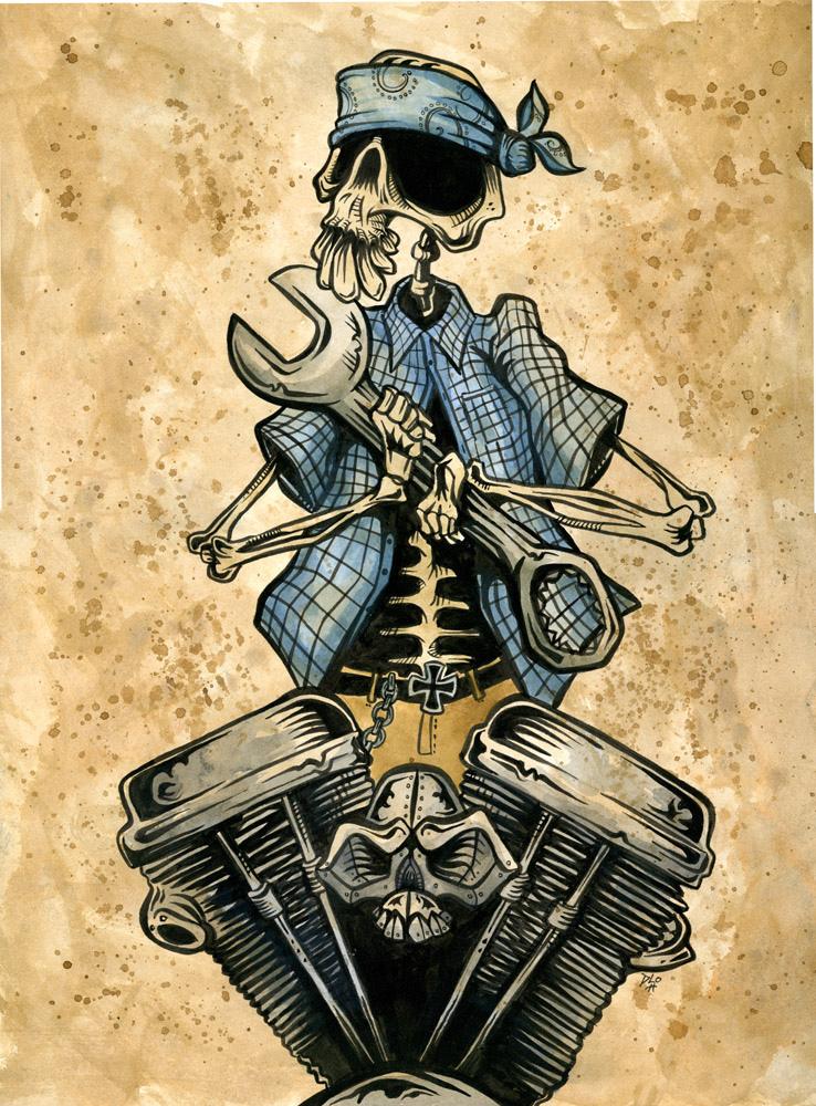 El Mecanico V-Twin XIJ by Day of the Dead Artist David Lozeau, Day of the Dead Art, Dia de los Muertos Art, Dia de los Muertos Artist