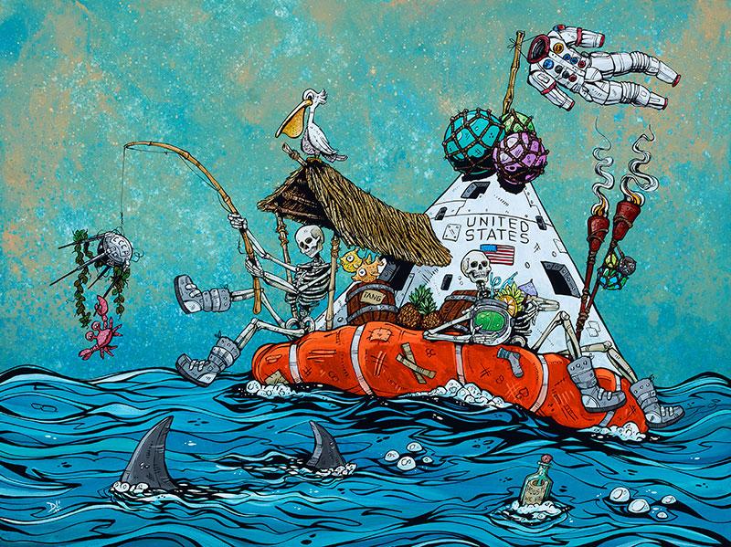 Fishin' Mission by Day of the Dead Artist David Lozeau, Day of the Dead Art, Dia de los Muertos Art, Dia de los Muertos Artist