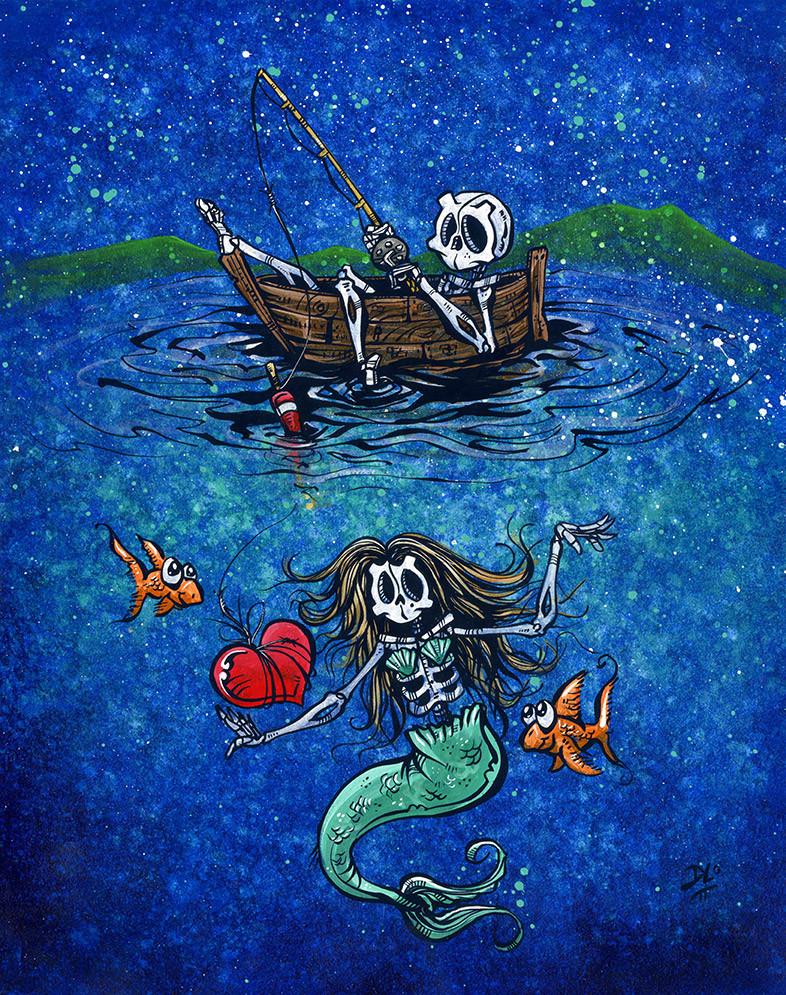 Fishing for Love by Day of the Dead Artist David Lozeau, Day of the Dead Art, Dia de los Muertos Art, Dia de los Muertos Artist