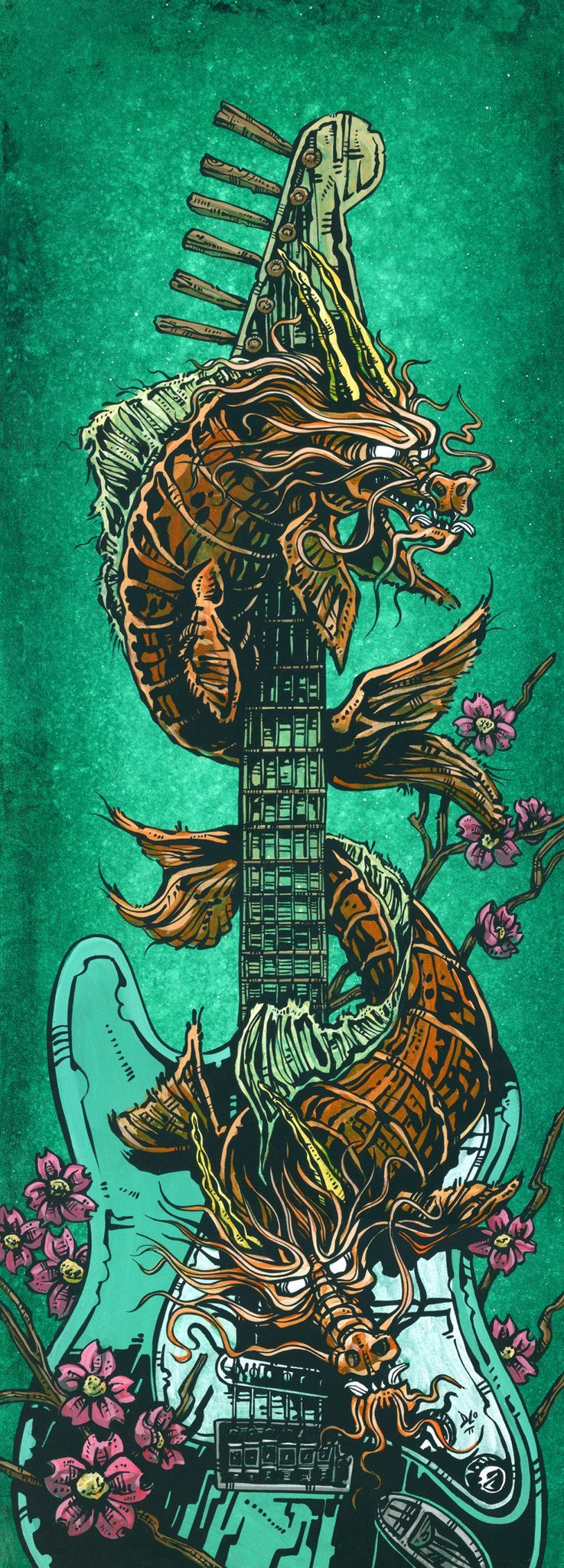 Koi Dragon Strat by Day of the Dead Artist David Lozeau, Day of the Dead Art, Dia de los Muertos Art, Dia de los Muertos Artist