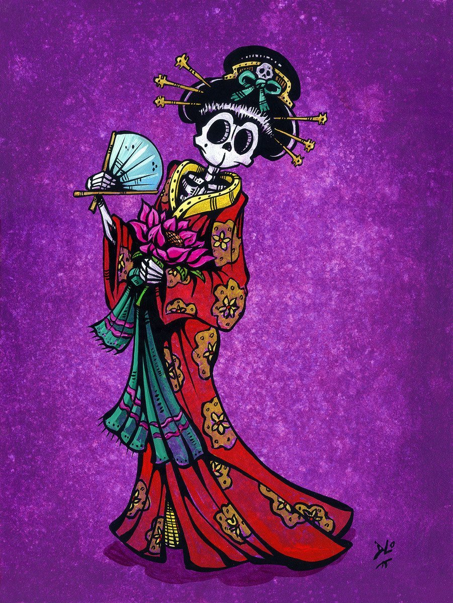 La Geisha by Day of the Dead Artist David Lozeau, Day of the Dead Art, Dia de los Muertos Art, Dia de los Muertos Artist