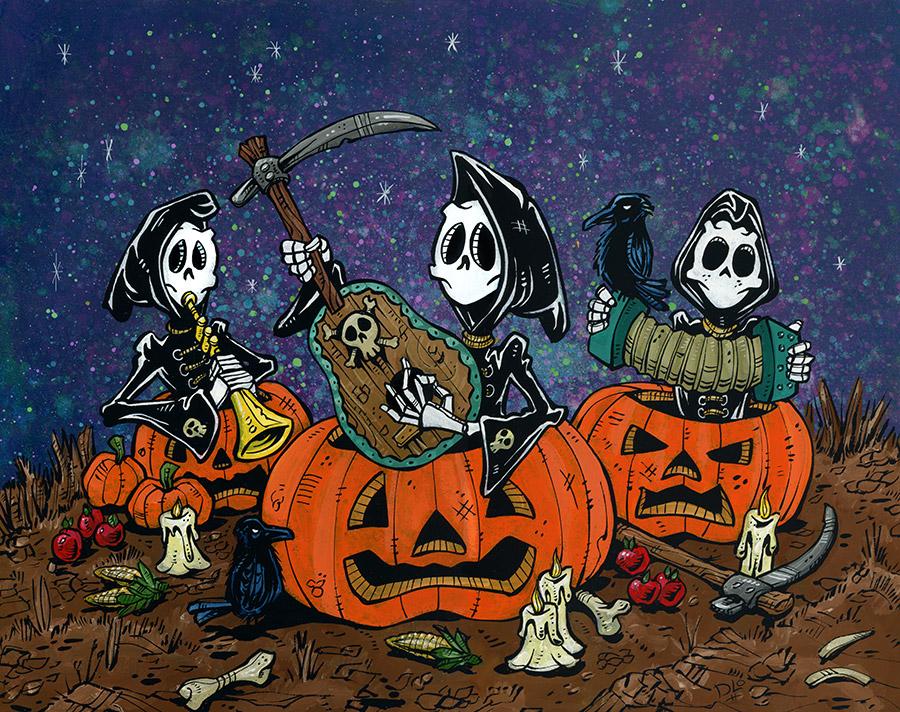 Pumpkin Patch Players by Day of the Dead Artist David Lozeau, Day of the Dead Art, Dia de los Muertos Art, Dia de los Muertos Artist