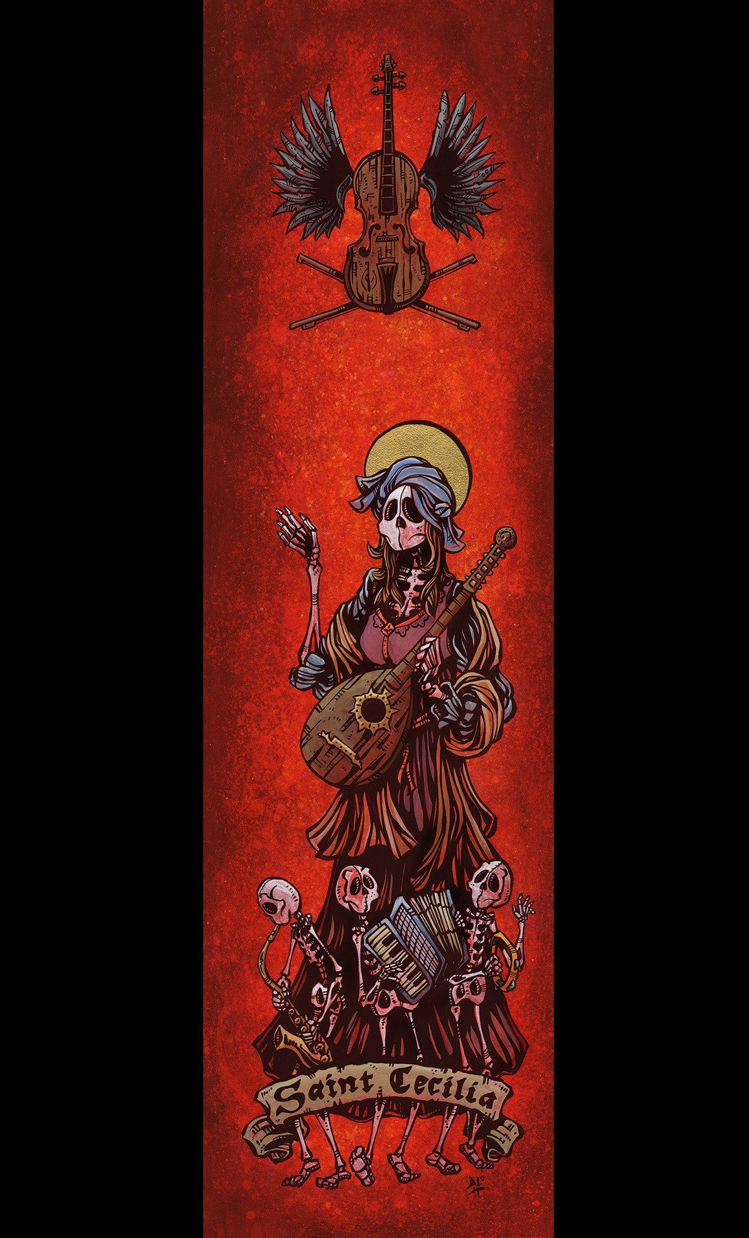 Saint Cecilia by Day of the Dead Artist David Lozeau, Day of the Dead Art, Dia de los Muertos Art, Dia de los Muertos Artist