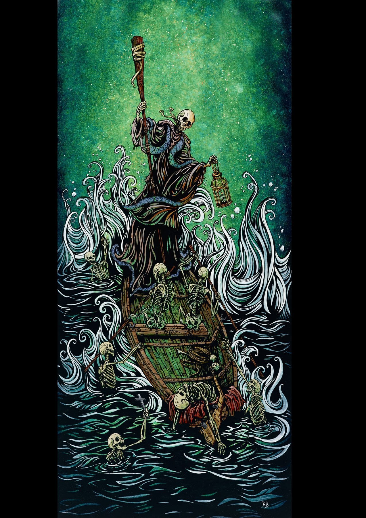 The Boatman on the River Styx by Day of the Dead Artist David Lozeau, Day of the Dead Art, Dia de los Muertos Art, Dia de los Muertos Artist