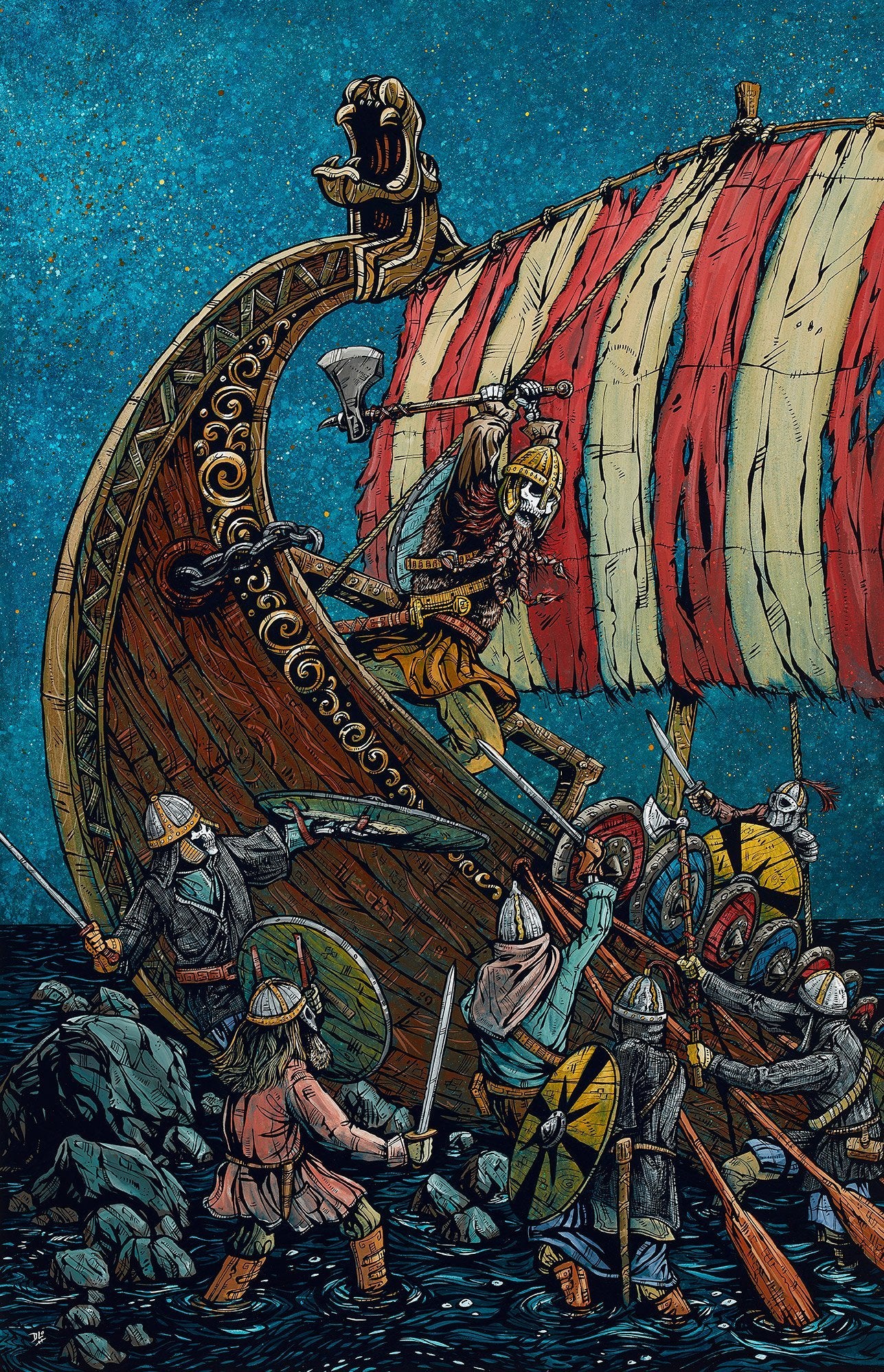 Viking Raid by Day of the Dead Artist David Lozeau, Day of the Dead Art, Dia de los Muertos Art, Dia de los Muertos Artist